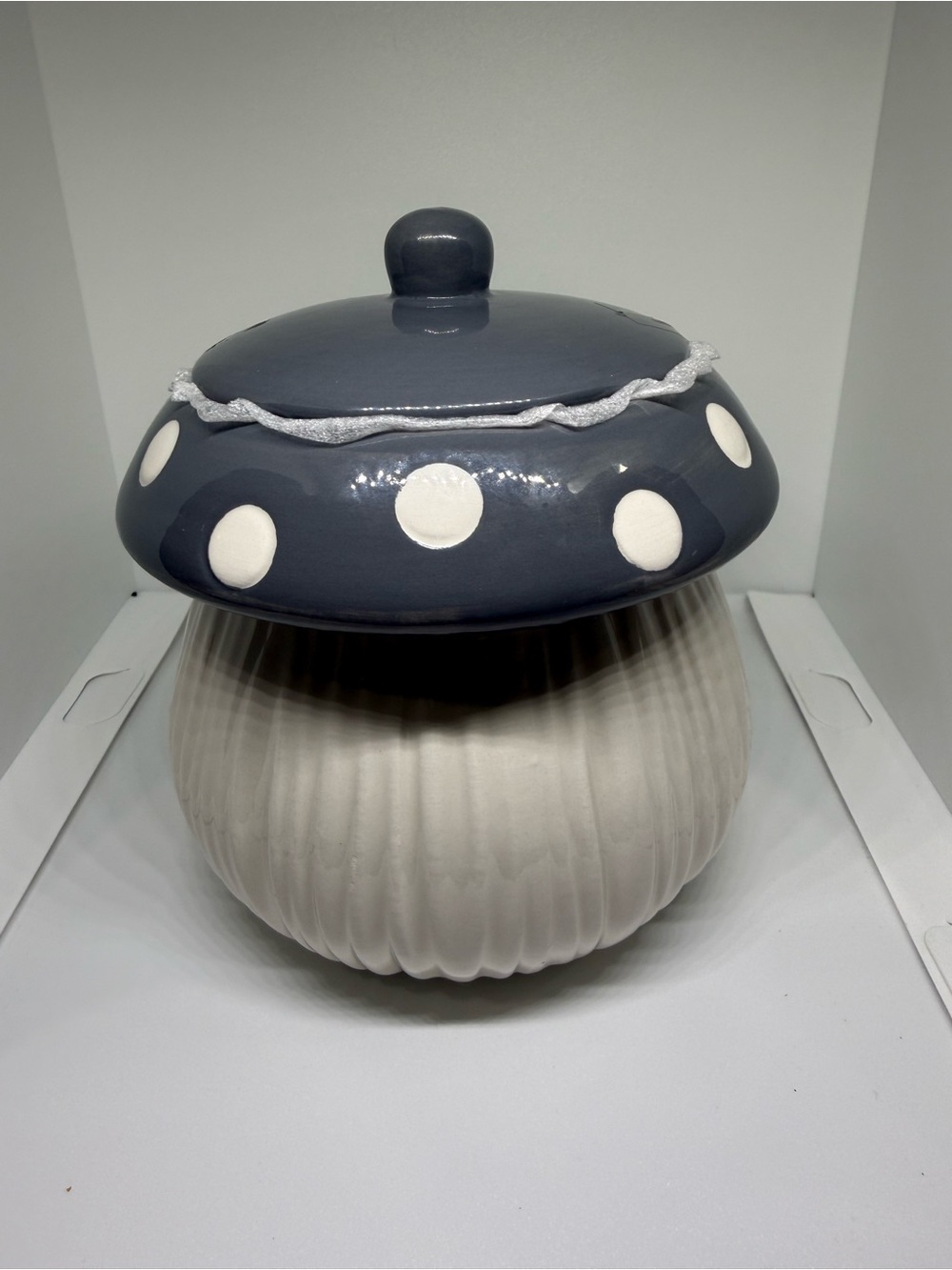 Polka Dot Ceramic Mushroom Jar - Grey and White Decorative Canister
